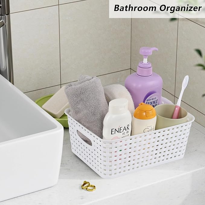 8 Packs Small Plastic Woven Basket, White Storage Baskets for organization