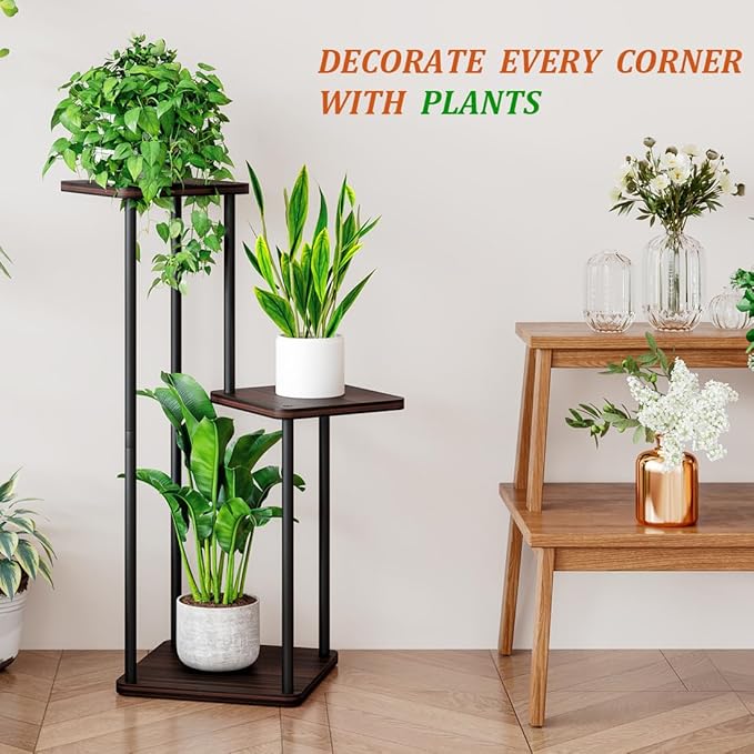 AZERPIAN 3 Tier Plant Stand Indoor Metal Plant Shelf for Multiple Plants Corner Flower Holders for Living Room Balcony Bedroom Patio Garden, Black (Black Oak, 3 tier)