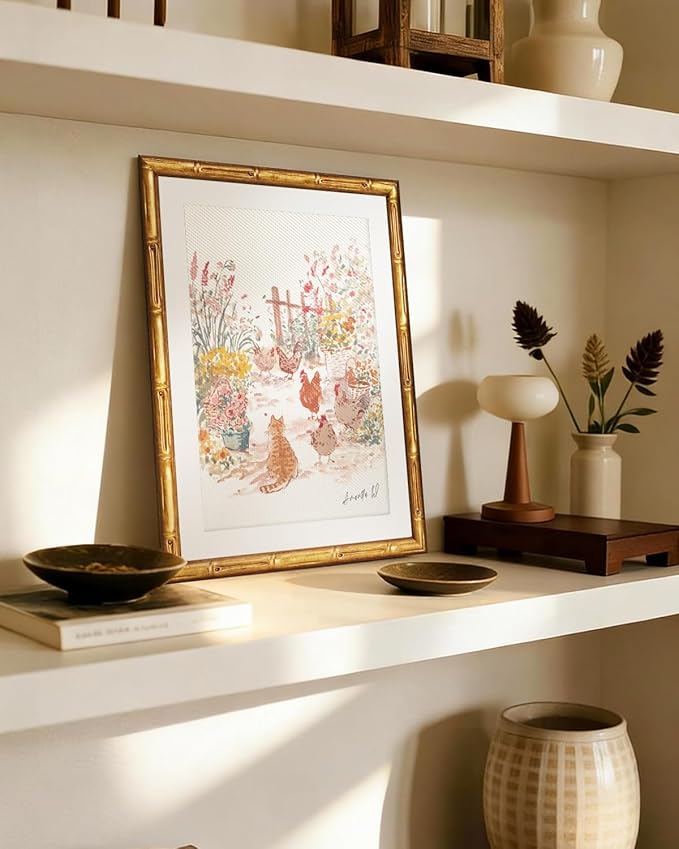 Vintage Gold Framed Canvas Wall Art 12x16 Inches Spring Farmhouse Cat Chickens Print, Country Garden Painting Artwork with Clear Panel, Rustic Cottagecore Living Room Kitchen Bedroom Decor Gift
