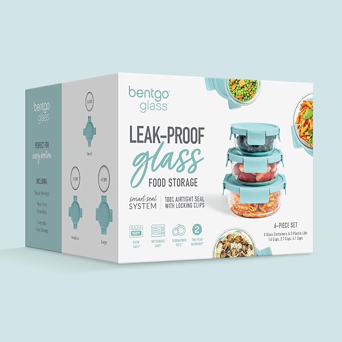 Bentgo Glass Leak-Proof Food Storage Set - 6-Piece Glass Containers with BPA-Free Airtight Lids, Reusable & Durable for Leftovers & Meal Prep - Microwave, Freezer, Oven & Dishwasher Safe (Soft Aqua)