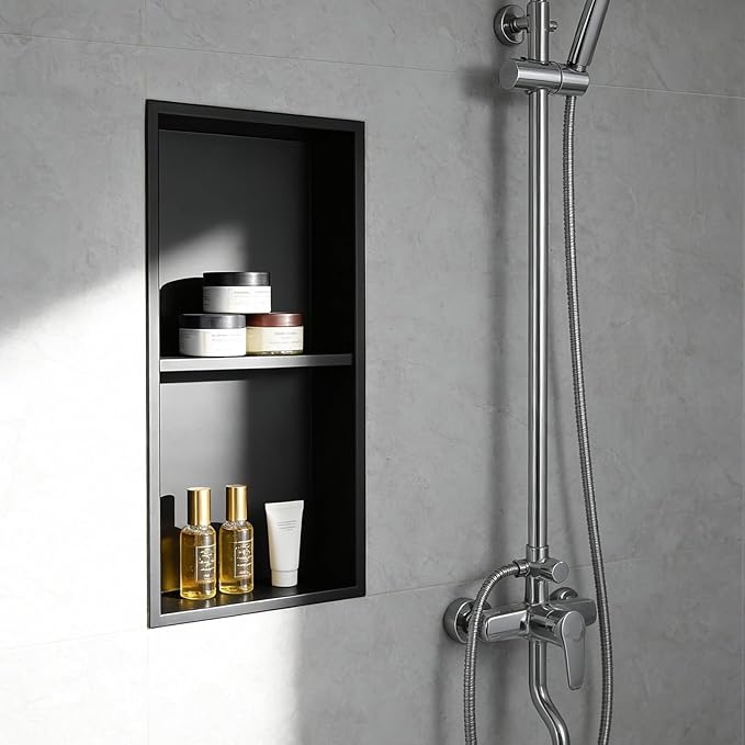 EasyVibe Matte Black 304 Stainless Steel Shower Niche 24 x 12 Inch, No Tile Needed Double Shelf Recessed Shower Wall Insert, Waterproof Bathroom Organizer for Toiletries & Storage