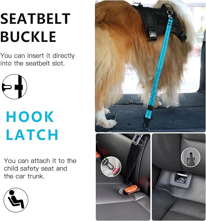 AUBELL Dog Seat Belt for Car,2 Pack Set 3-in-1 Adjustable Reflective Bungee Heavy Duty Dog Car Harness Tether with Clip Hook Latch & Buckle,Swivel Zinc Alloy Carabiner,Black+Blue