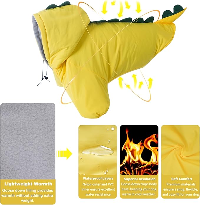 LovinPet Dog Warm Coat with Hood – Medium & Large Dinosaur Hoodie Winter Jacket for Cold Weather, Yellow & Green Coat for Large Dogs, L