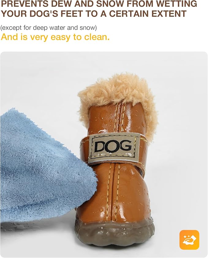 Winter Dog Boots & Paw Protectors: Outdoor Anti-Slip Dog Snow Shoes, Dog Booties Provide Warmth to Dogs Paws from Ice and Snow, Rubber Sole PU Leather Faux Fleece-Lined, Light Brown Dog Shoes Size 4