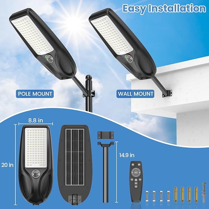 TENKOO Solar Street Lights Outdoor 6000W Solar Parking Lot Lights, 350000 Lumen Street Light with Motion Sensor LED Wide Angle Lamp Waterproof IP67 Commercial Lighting for Yard