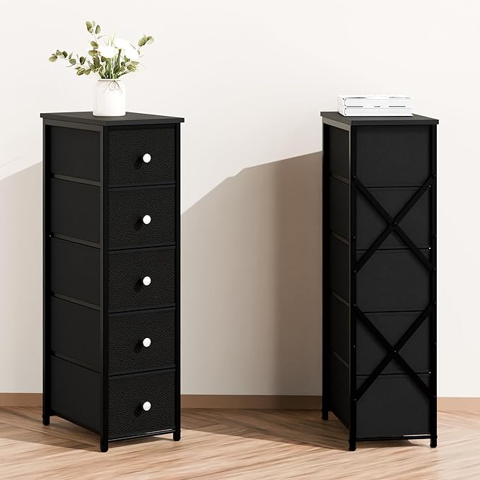 Narrow Storage Cabinet for Small Spaces Slim Bathroom Dresser with Drawers Tall Thin Storage Organizer for Bathroom Bedroom Skinny Cabinet(Black, 5 Drawers)