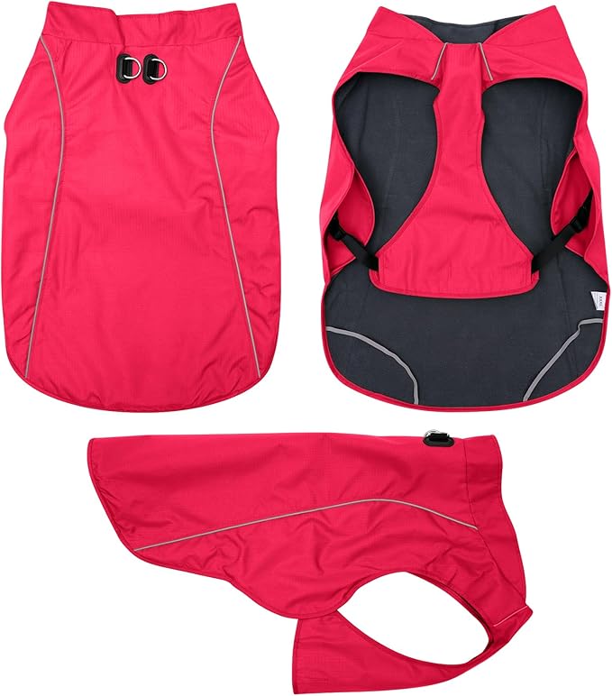 Outdoor Waterproof Dog Jacket for Large Dogs,Doggie Coats with Harness Buitl in D-Ring Warm Fleece Dog Clothes for Cold Winter,Red 3XL