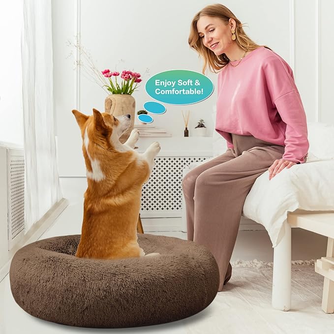 SAVFOX 23 inches Calming Donut Dog Bed - 3X Durable Plush Faux Fur, Machine Washable & Non-Slip, Fits up to 25 lbs, Brown