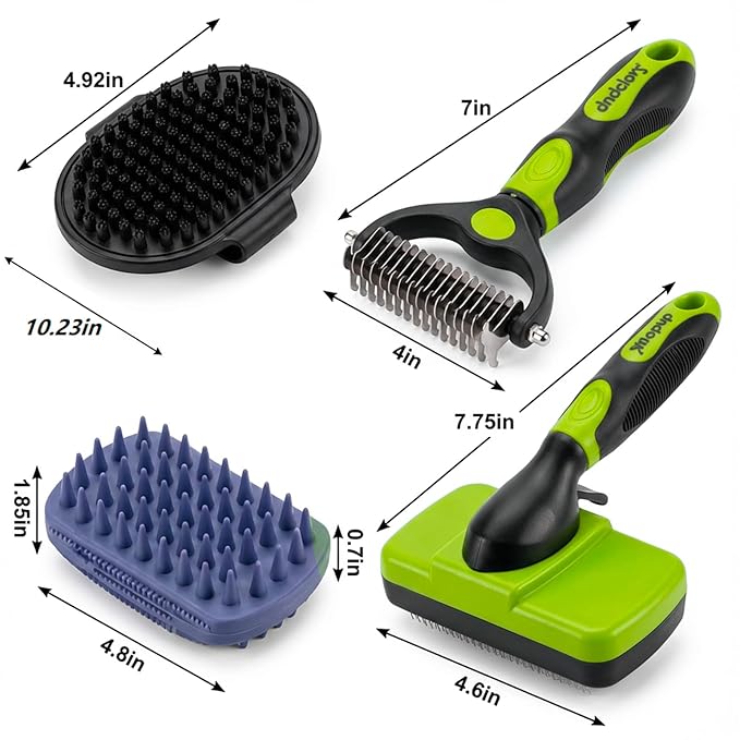 4PCS Self Cleaning Slicker Brush, Pet Grooming Rake, Bath Brush & Massage Brush for Short/Long Haired Dogs, Cats & Horses, Pet Grooming Deshedding Tools - Pet Supplies (Green Black)