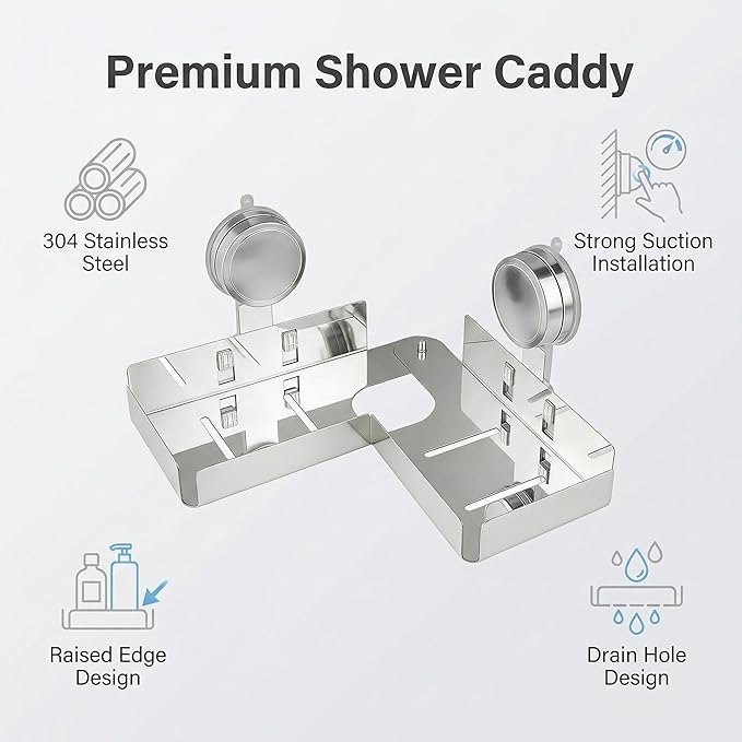 Stainless Steel Shower Shelf 2-in-1 20" Straight & L-Shaped Corner Mount – Heavy Duty Suction Cup Organizer, No-Drilling Fits Behind Faucet, Rustproof Wall Caddy for Bathroom Kitchen Shower Storage