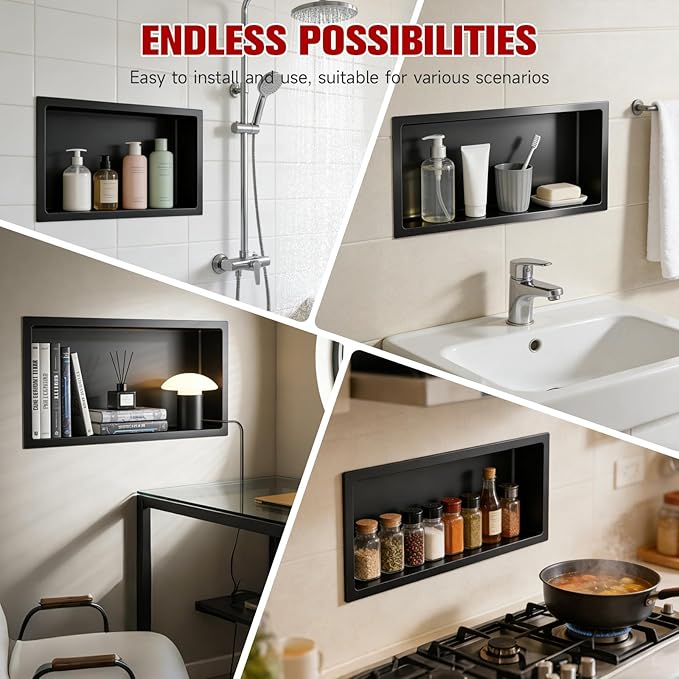 No Tile Needed Shower Niche 12"X 24", Bathroom Wall Niche Single Shelf, Stainless Steel Shower Niche for Bathroom, Kitchens, Balconies