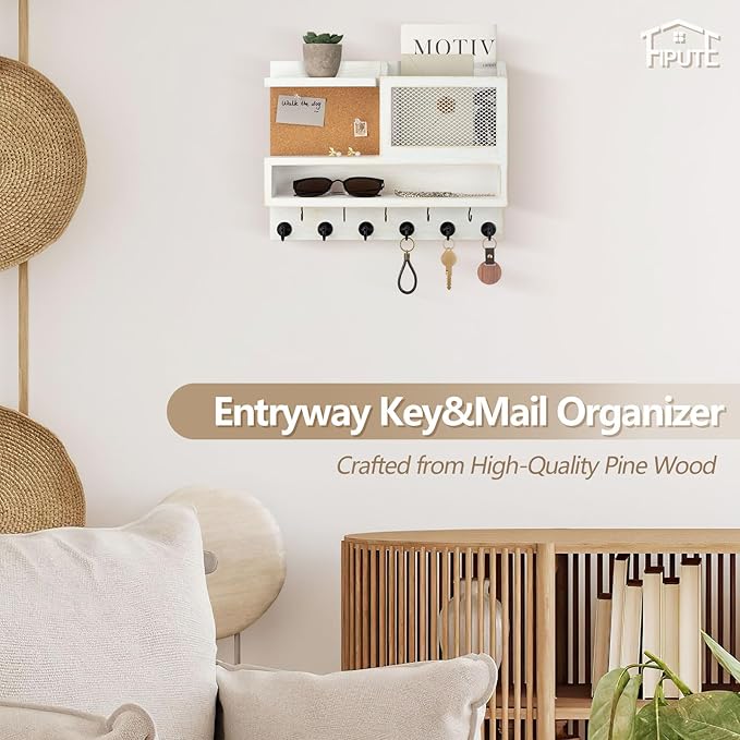Key Holder for Wall with Mail Organizer,Farmhouse Mail and Key Holder for Wall,Key Hanger with Metal 11 Hooks,Corkboard,and Shelf,Decorative Natural Pine Wood Entryway Organizer,14.6*11.1*3.3”,White