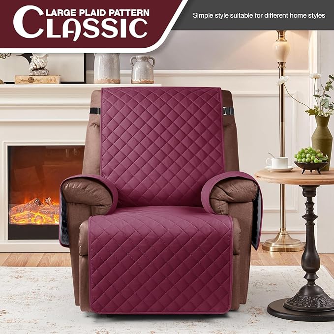 KinCam 100% Waterproof Recliner Chair Cover, Reclining Couch Covers for Pets, Dogs, Recliner Couch Slipcover Furniture Protector with Elastic Straps for Kids(28", Burgundy)