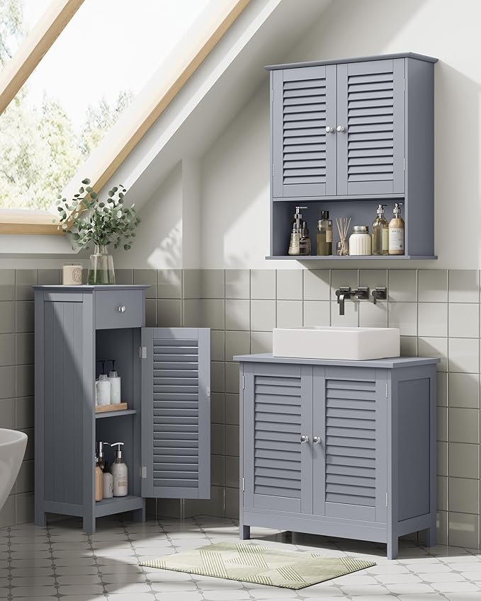 VASAGLE Storage Cabinet, Small Slim Floor Cabinet with Drawer and Shutter Door, for Living Room, Bathroom, 11.8 x 12.6 x 34.3 Inches, Dove Gray UBBC043G02