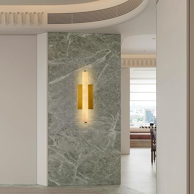 Alabaster Wall Sconces, 15" Brass Alabaster Sconce, Spanish Natural Marble Bathroom Vanity Sconces, Rectangle Modern Sconces Lighting for Bedroom Living Room Staircases Hallway