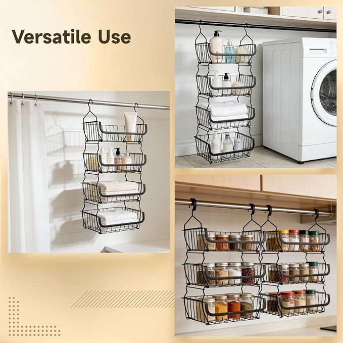 4 Tier Hanging Closet Organizer, 36.2 x 15 x 11 in Carbon Metal Hanging Storage Basket, Rustproof Heavy Duty Closet Wire Storage Shelf for Closet, Laundry, Dorm