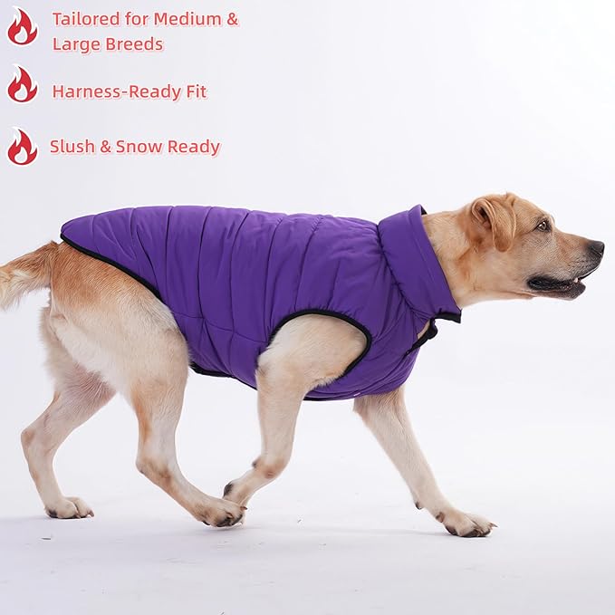 LovinPet Reversible Dog Puffer Coat for Medium & Large Dogs, Down‑Insulated Winter Jacket, Water‑Resistant & Wind‑Resistant, Anti‑Static, Dual-Sided Purple & Black for Cold Weather,3XL