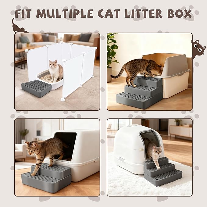 Adjustable 3 Steps Cat Ramp for Litter Box, Detachable Cat Pedal Step Stool with Filter Function, Double Layered Cats Litter Trapper, Suitable for Small&Elderly Cats, Non-Slip(Dark Grey)