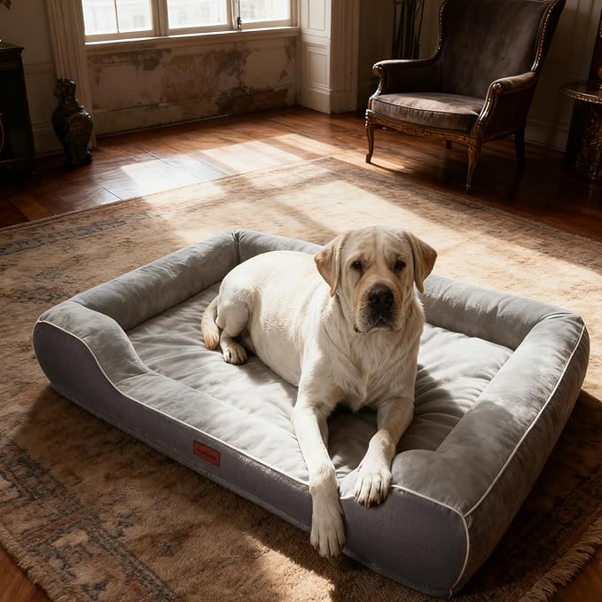XL Orthopedic Dog Bed for Large Dogs with Cooling Gel Memory Foam and Egg Crate Foam Waterproof, 42inch Pet Couch with Removable Washable Cover and Bolster Side for Extra Breed Pets