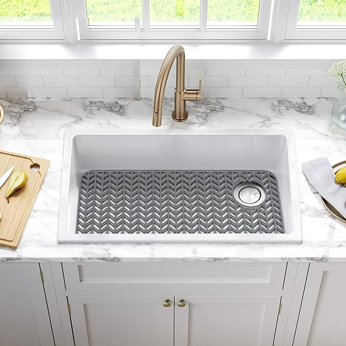 AWOKE Sink Protectors for Kitchen Sink,Kitchen Sink Protector Mat - 28.6" x 14.5" Heat-Resistant Silicone Folding Non-Slip Mat for Stainless Steel Sink with Right Drain (Grey)