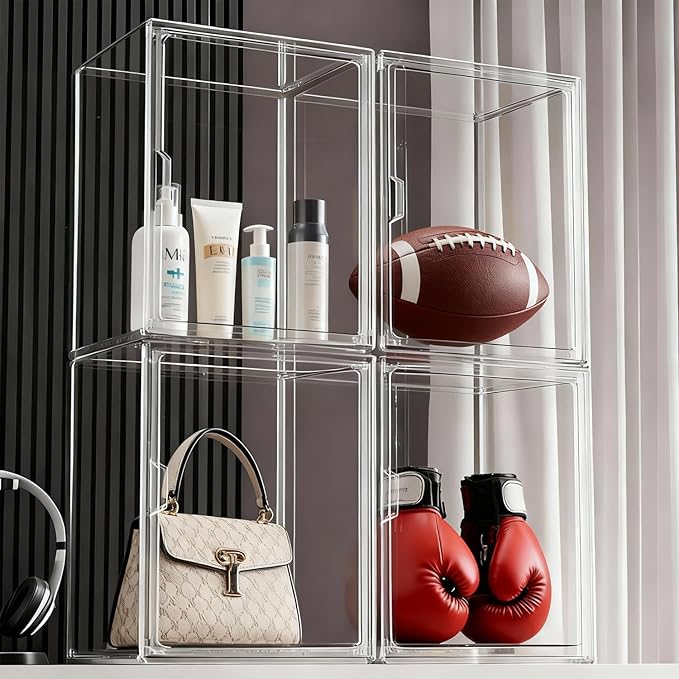 Clear Stackable Storage Bins, Acrylic Display Case, Acrylic Boxes with Lids, Magnetic Lid Storage Bins for Handbags & Purse, Large Figures Collectibles, Storage Box for Home Organization(5 Pack)