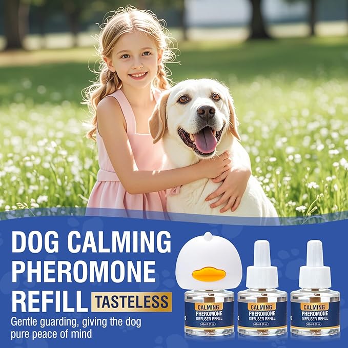 Pheromone Calming Dog Diffuser 4 in 1 Appeasing Pet Pheromones Diffuser to Calm Kit (Plug in+ 3 Pack 48ml Refill) for Anxiety Relief Reduce Barking Aggression Fighting Stress 90 Day Supply