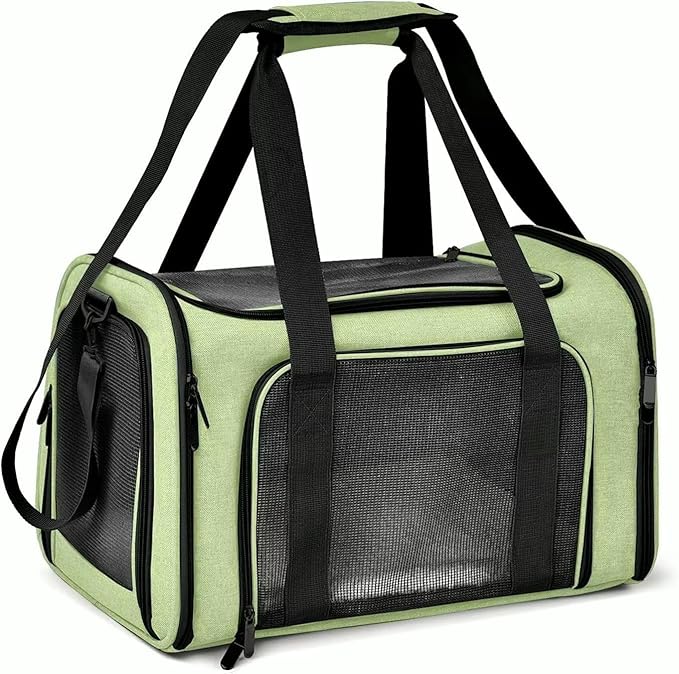 Pet Travel Carrier Bag – Airline Approved Soft-Sided Dog & Cat Carrier, Foldable, Breathable Mesh, Washable Pad – Fits Pets up to 15 lbs – The Pup Quartet (Green)