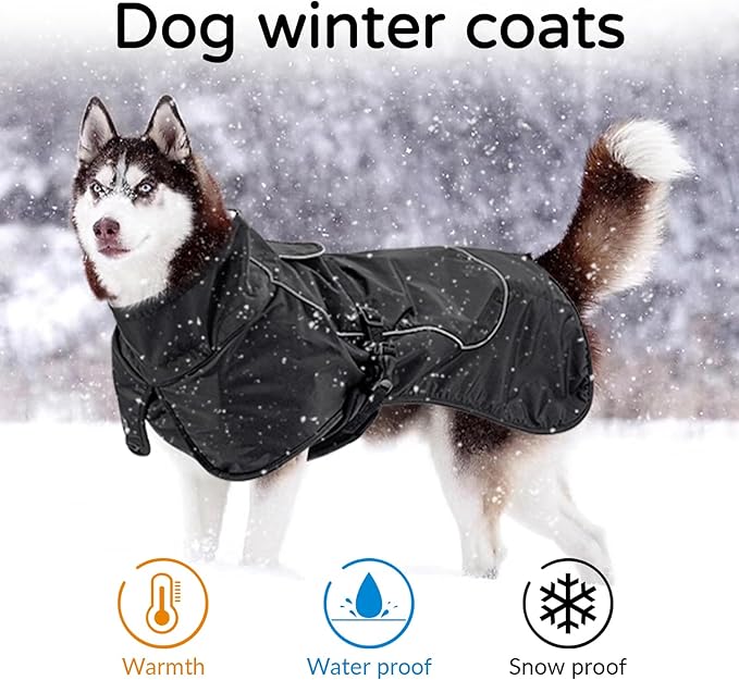 Dog Winter Raincoat, Waterproof Warm Jacket with Velvet Lining for Cold Weather, Windproof Insulated Rain Coat with Reflective Strips for Extra Big Dog (Black, XL)
