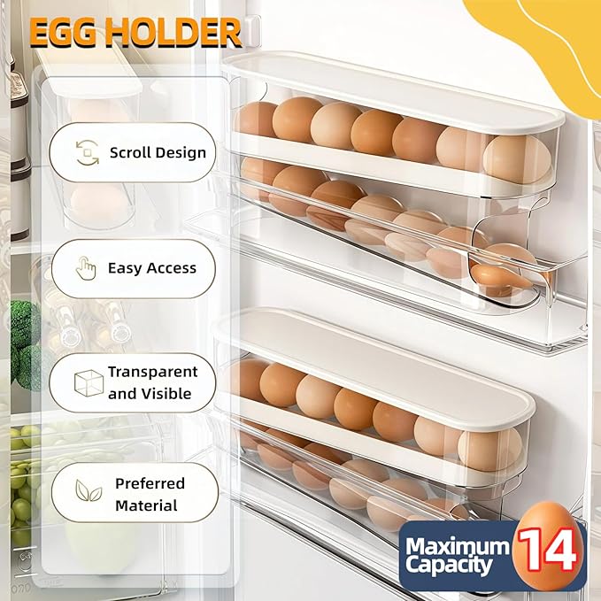 Egg Holder for Fridge, Space-Saving Automatic Rolling Egg organizer for refrigerator, 2-Layer Stackable Fridge Egg Dispenser and Storage with Lid for Kitchen, Countertop, Dining Room