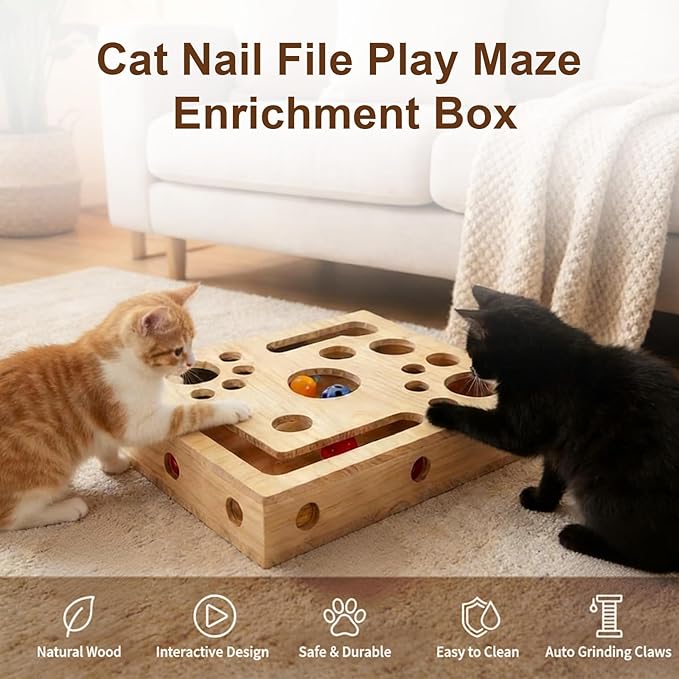Cat Nail File Scratch Enrichment Box,Advanced Cat Scratch Puzzle Enrichment Maze Box, Nail File Stress Free Cat Scratcher for Indoor Cats,with Sandpaper and 3 Bell Balls