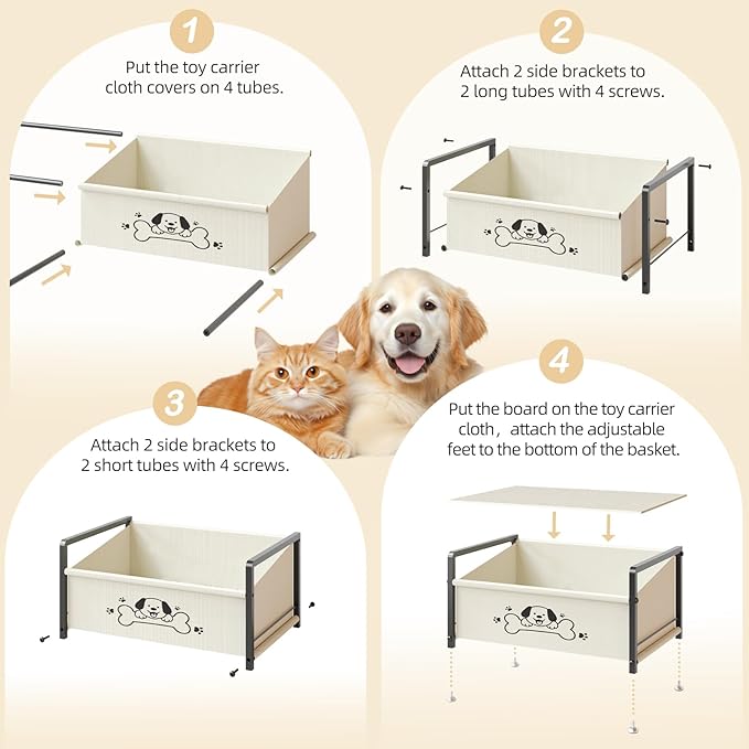Dog Toy Box for Storage, Metal Frame Oxford Fabric Pet Toy Organizer with Raised Legs, Large Capacity Dog Toy Basket with Front Low Opening, Washable and Durable Design