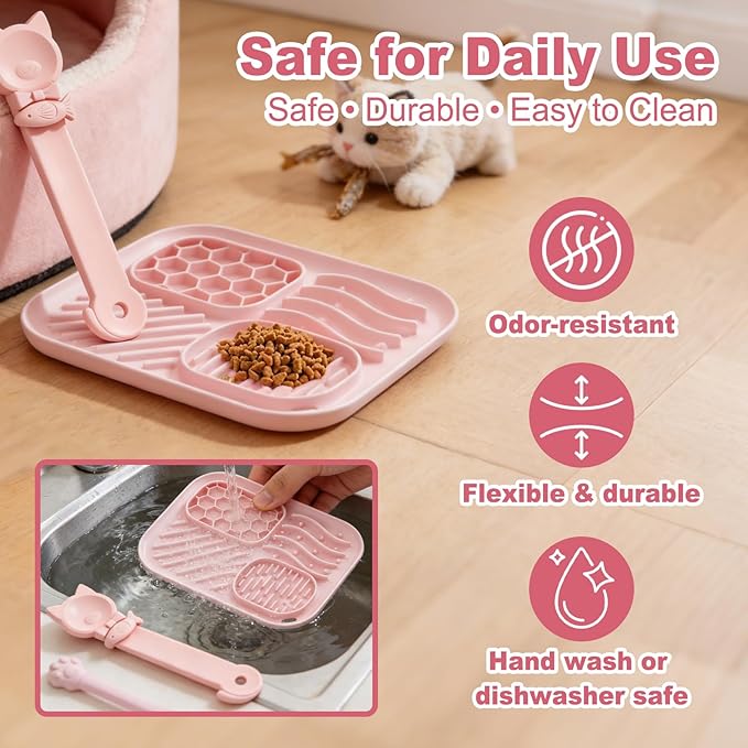 AZY 3-Piece Slow Feeder cat Bowl and Lick Mat Set β Silicone Cat Treat Spoon, Feeding Mat for Wet Food, Enrichment and Slow Eating