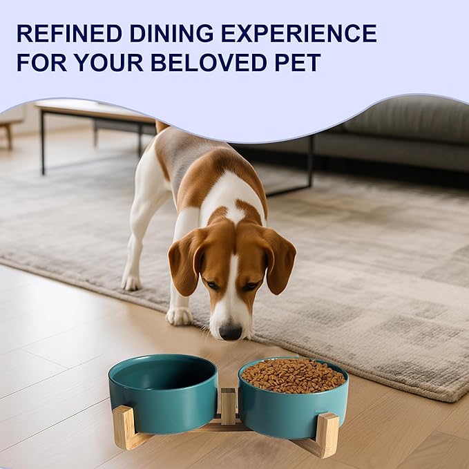 Ceramic Dog and Cat Bowls with Wooden Stand, Modern Design Pet Food and Water Dishes Set for Medium and Large Dogs, Non-Slip Feeding Station with Weighted Base, Green, 28.7 oz - Set of 2