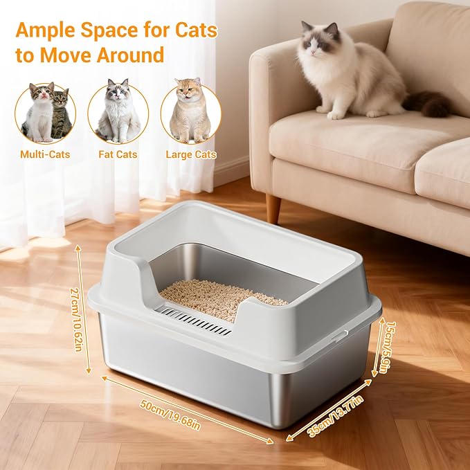 Enclosed Stainless Steel Cat Litter Box with Lid Extra Large Litter Box for Big Cats XL Metal Litter Pan Tray with High Wall Sides Enclosure, Non-Sticky, Anti-Leakage, Easy Cleaning