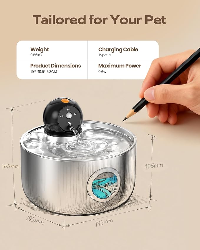 Cordless Cat Water Fountain Wireless: Battery Powered Pet Water Fountains for Cats Indoor - 2.6L Rechargeable Kitty Water Fountain Stainless Steel with Water Level Window - 8 Filters & 8 Sponges