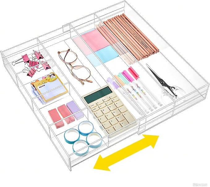 1 Pcs Acrylic Desk Drawer Organizer 2 Inch Height Expandable Drawer Organizer Trays with 7 Adjustable Compartments Desk Accessories for Makeup Silverware Office Bathroom(Clear)