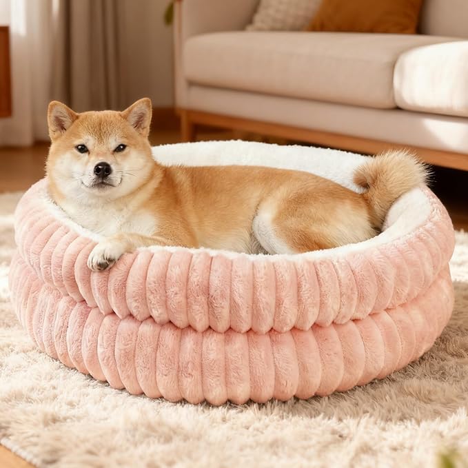 Washable Round Donut Dog Bed,Cat Beds for Indoor Cats,Fluffy Puppy Dogs Beds for Small Dogs with Anti-Slip Bottom(Pink,M)