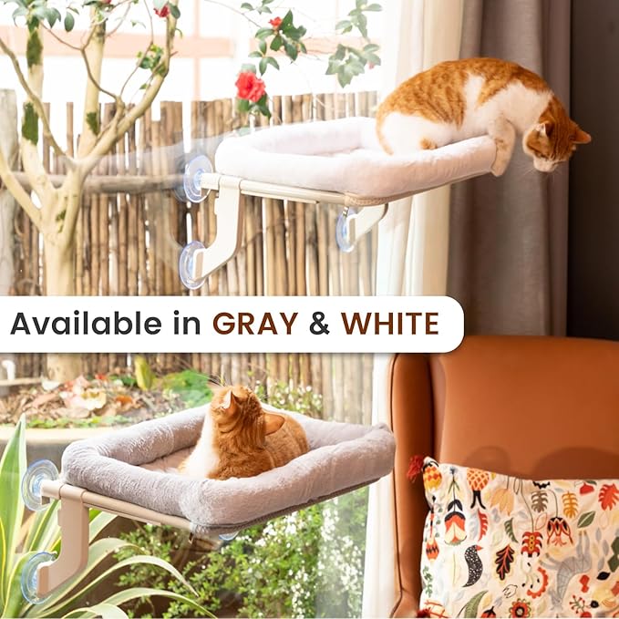 Window Sill Cat Perch with Large Bolster, Strong Metal Frame, Tool-Free, Easy to Assemble & Adjust, Suction Cups, Perfect for Window Sills, Bedside and Glass (White, Large)