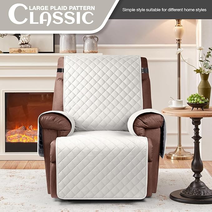 KinCam 100% Waterproof Recliner Chair Cover, Reclining Couch Covers for Pets, Dogs, Recliner Couch Slipcover Furniture Protector with Elastic Straps for Kids(25", Beige White)