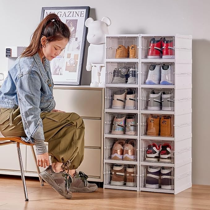 Drop Front Shoe Storage Box, No Assembly Stackable Shoe Organizer Storage Bin with Clear Door, Free Standing Shoe Shelf Cabinet with Lid, Plastic Shoe Rack for Closet Entryway, 6-Tier