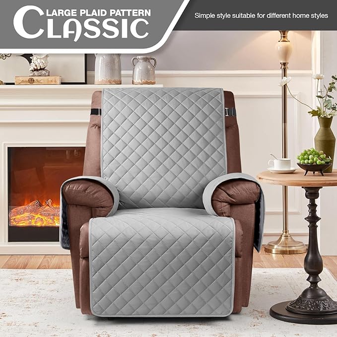 KinCam 100% Waterproof Recliner Chair Cover, Reclining Couch Covers for Pets, Dogs, Recliner Couch Slipcover Furniture Protector with Elastic Straps for Kids(30", Light Gray)