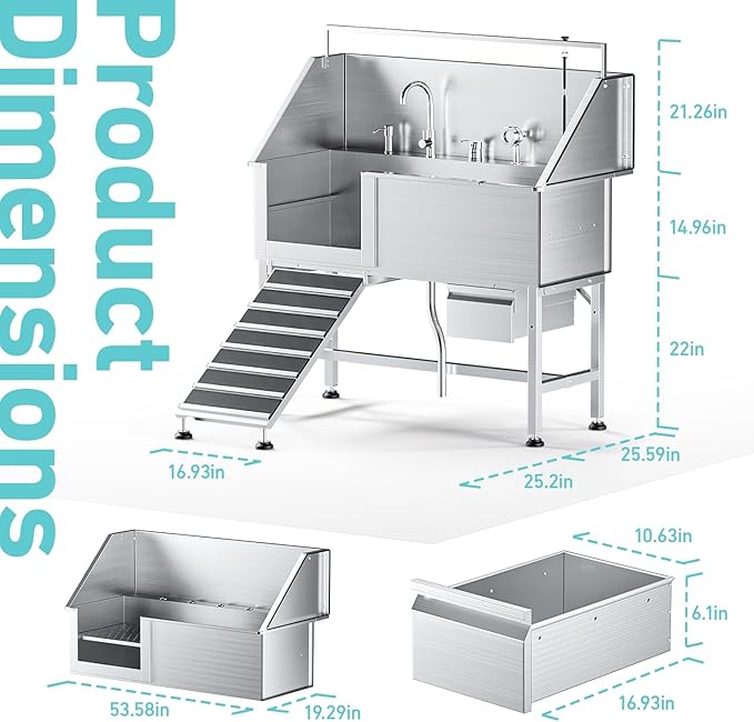 56" Professional Dog Washing Station, 304 Stainless Steel Pet Grooming Tub with Removable Ramp, 1.0mm Thick Anti-Rust Bath Tub, Adjustable Height & Detachable Faucet Kit for Dogs & Cats