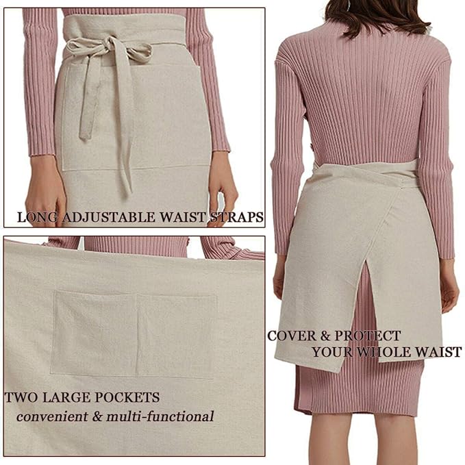 Cityelf Linen Server Apron Cotton Bistro Half Apron with Large Pockets Waist Kitchen Apron for Cooking Waitress