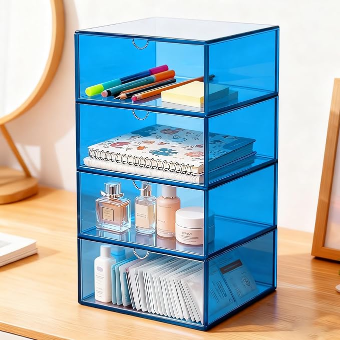 Acrylic Desk Organizer with Drawers Stackable Makeup Organizer for Vanity Office Countertop Cosmetic Display Cases Makeup Storage Box, Sky Blue