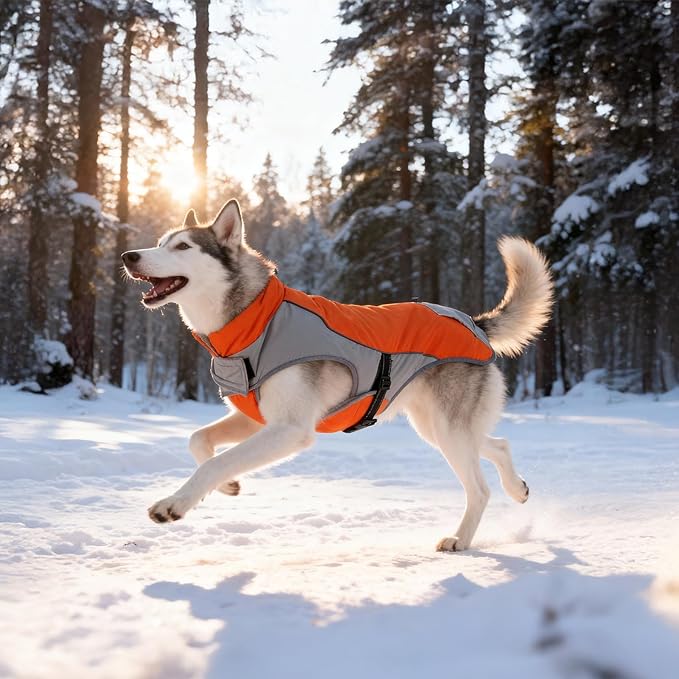 Warm Dog Cold Weather Coats - Waterproof Dog Winter Clothes with Reflective Straps, Adjustable Buckle & Leash Hole for Poodle, Dachshund,Border Terrier, Yorkshire Terrier,Orange & Gray L
