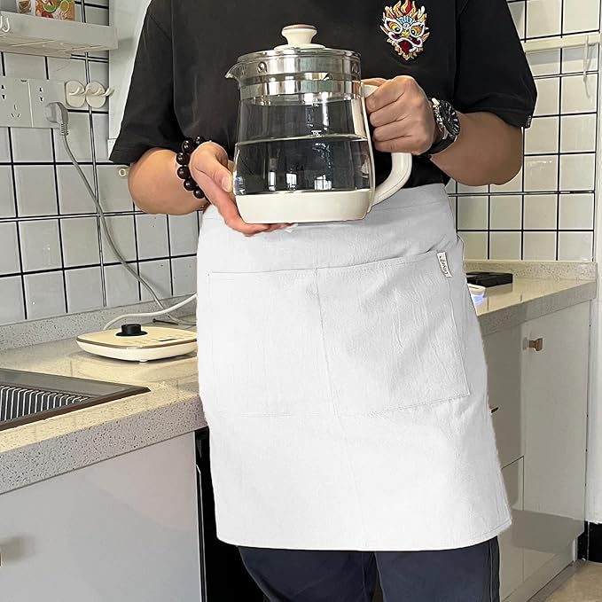 Cityelf Linen Server Apron Cotton Bistro Half Apron with Large Pockets Waist Kitchen Apron for Cooking Waitress