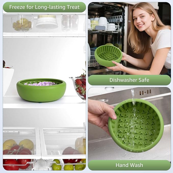 Dog Lick Bowl, ZOURYNUA Non-Slip Slow Feeder Dog Bowls, Enrichment Licking Mat for Distraction, Anxiety Relief Treat Dispenser Freezer, BPA Free Silicone & Dishwasher Safe (Green, Large)