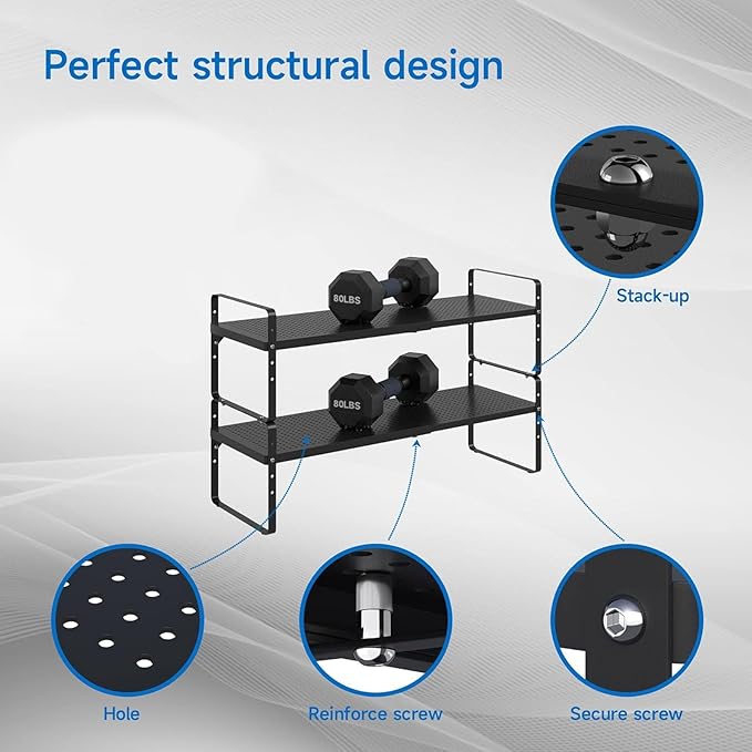 Expandable Cabinet Shelf Organizer Adjustable Metal Spice Rack Stackable Freestanding Counter Storage Shelves for Kitchen Cabinet Under Sink Office Desk (Black - 3Pack - L16.5-27'' * W10.2'' * H9.6'')