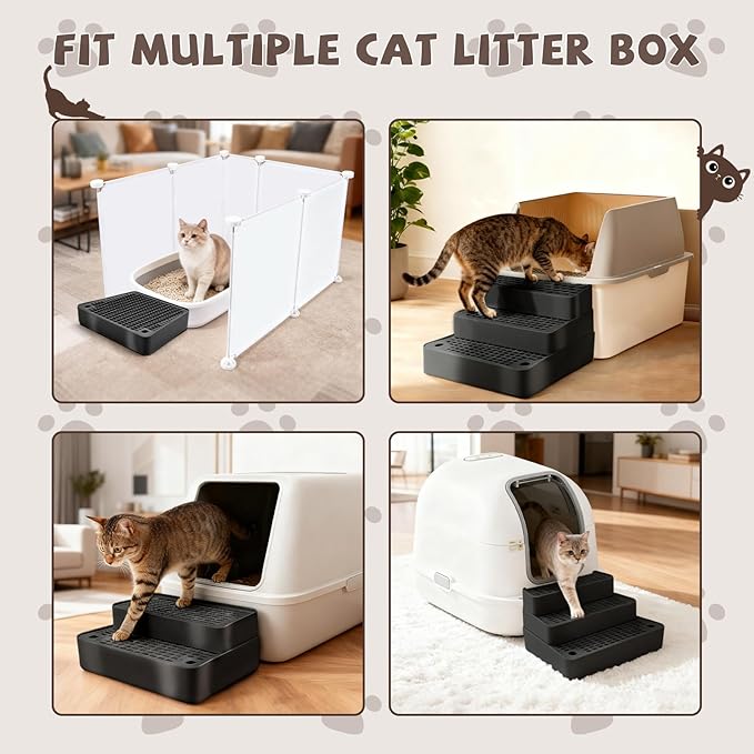 Adjustable 3 Steps Cat Ramp for Litter Box, Detachable Cat Pedal Step Stool with Filter Function, Double Layered Cats Litter Trapper, Suitable for Small&Elderly Cats, Non-Slip(Black)