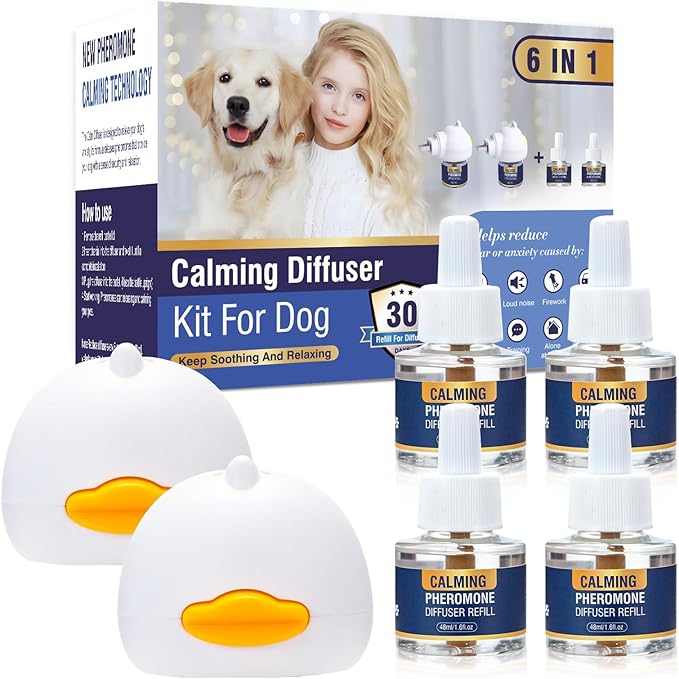 Dog Calming Pheromones Diffuser 6 in 1 Kit Appeasing Pheromone Diffuser to Calm (2 Plug in+4 x48ml Refill) for Anxiety Relief Reduce Aggression Fighting Barking Stress 120 Day Supply